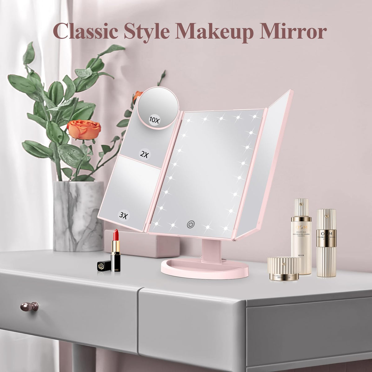 HUONUL 2X/3X/10X Magnifying Vanity Mirror with Light, Trifold Makeup Mirror
