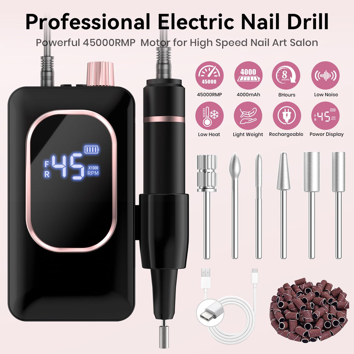 Hoxida Professional Nail Drill 45000RPM,Electric Nail File with LCD Display