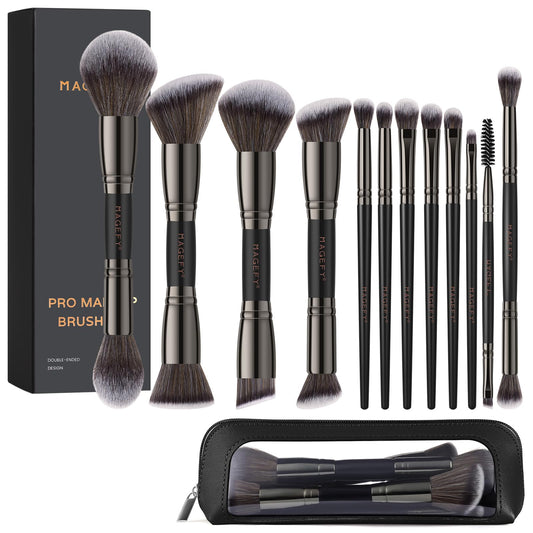 MAGEFY Makeup Brushes 12Pcs with Bag, Double-End Multi-functional for Foundation Powder Blush Eyeliner Eyeshadows brushes with Gift Box,Blackgold