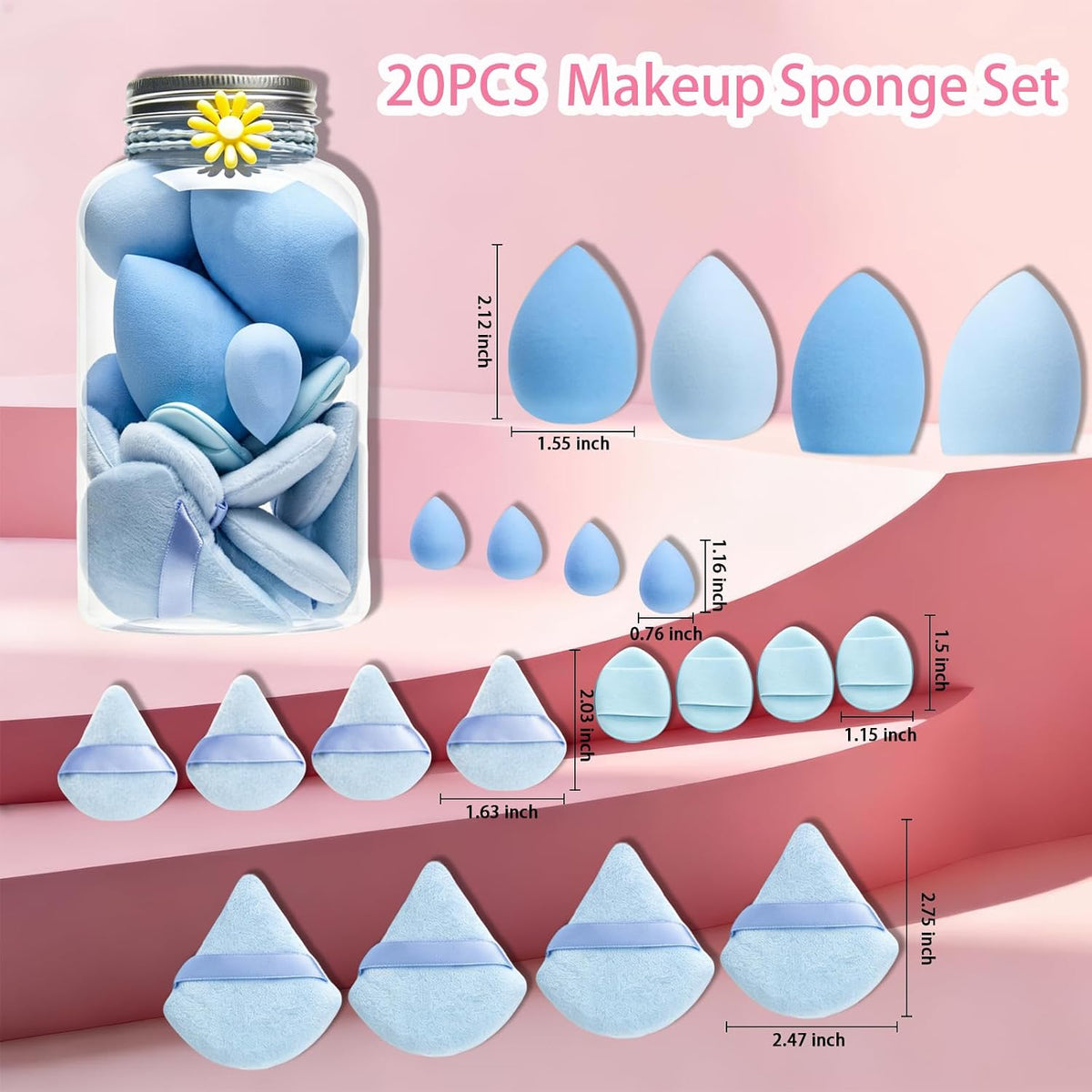 20PCS Makeup Sponge Set With Storage Jar, Wet & Dry Dual Use Beauty Blenders, Triangle Powder Puffs & Mini Finger Puffs,Soft Latex Free Sponges for Liquid, Cream, Powder And Concealer(Blue)