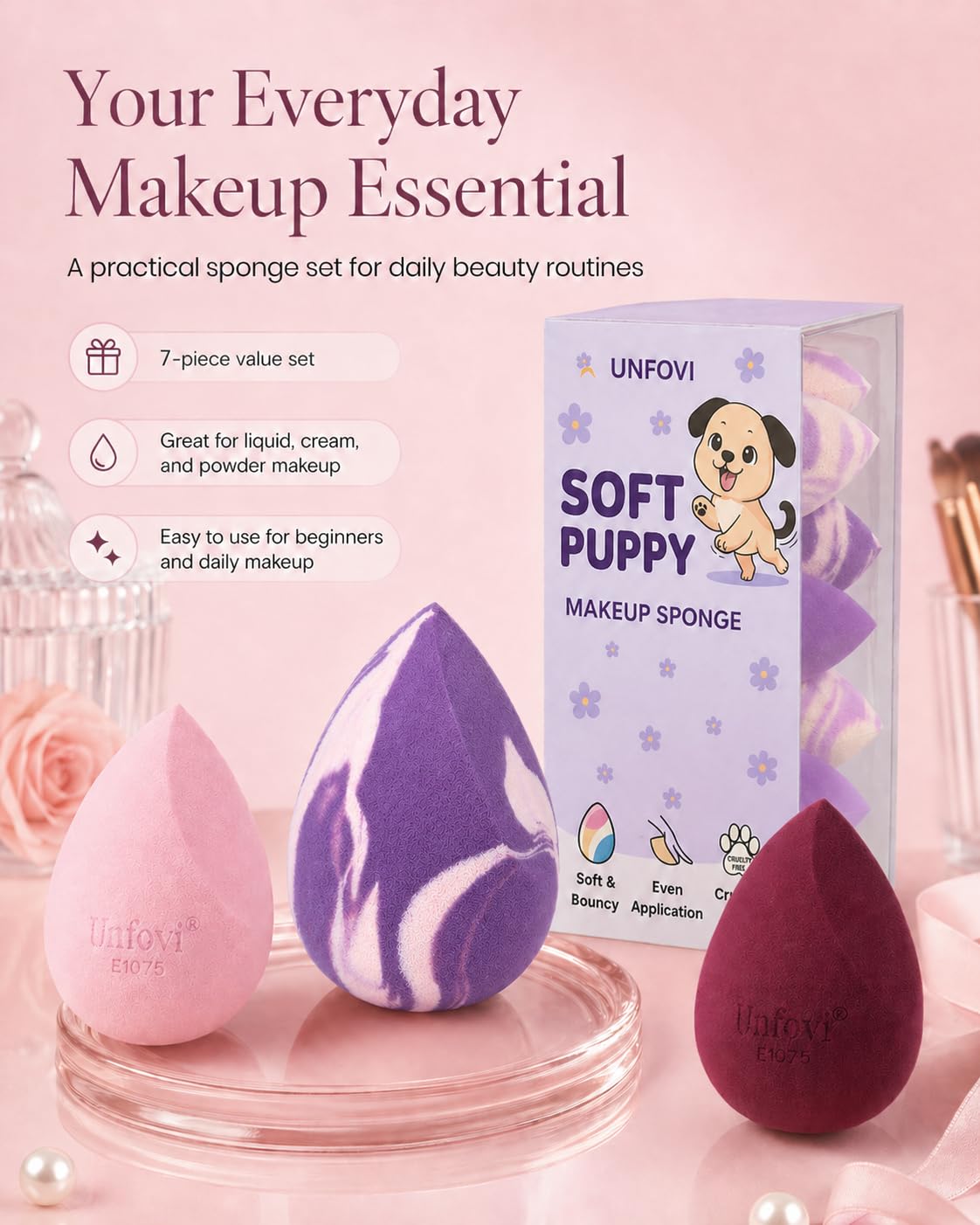 7-Pack Makeup Sponges Set, Cosmetic Sponge for Foundation & Concealer, Latex-Free Reusable Beauty Face Blender, Soft Makeup Blenders for Liquid, Cream, Powder Wet/Dry Application (Multi)