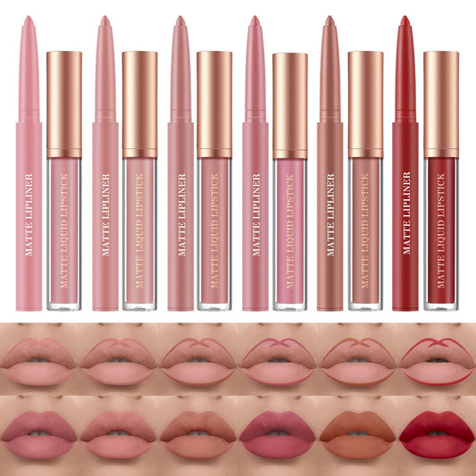 12Pcs Matte Liquid Lipstick and Lip Liner Set, Lip Makeup Combo (Set A)