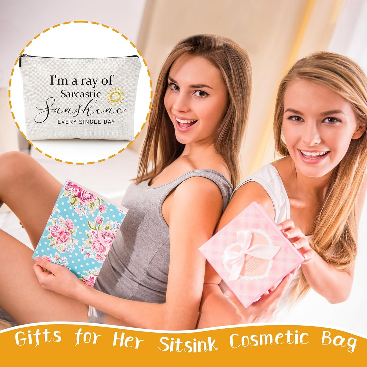 Sitsink Funny Sarcastic Gifts for Girls - Intersting Gifts for Girls Birthday. A Ray of Sarcastic Sunshine Every Single Day Makeup Bag, Cosmetic Bags Humor Sarcastic Gifts for Women Boss Coworker