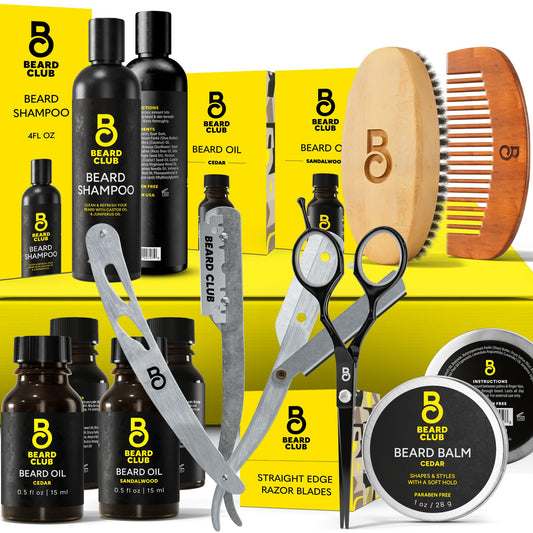 The Beard Club Premium Beard Kit for Men - Grooming & Care Kit - Cedar & Sandalwood Oil, Sandalwood Balm, Shampoo, Brush, Comb, Trimming Scissors, Straight Edge Razor - Gift Set