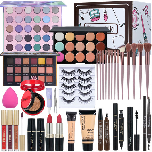 Makeup Set for Women Full Kit Includes, eyeshadow、 liquidfoundation,Loose powder,Eyebrow pencil,Lipstick Eye Pencil Makeup BrushesMakeup practice board 4-color lip gloss set