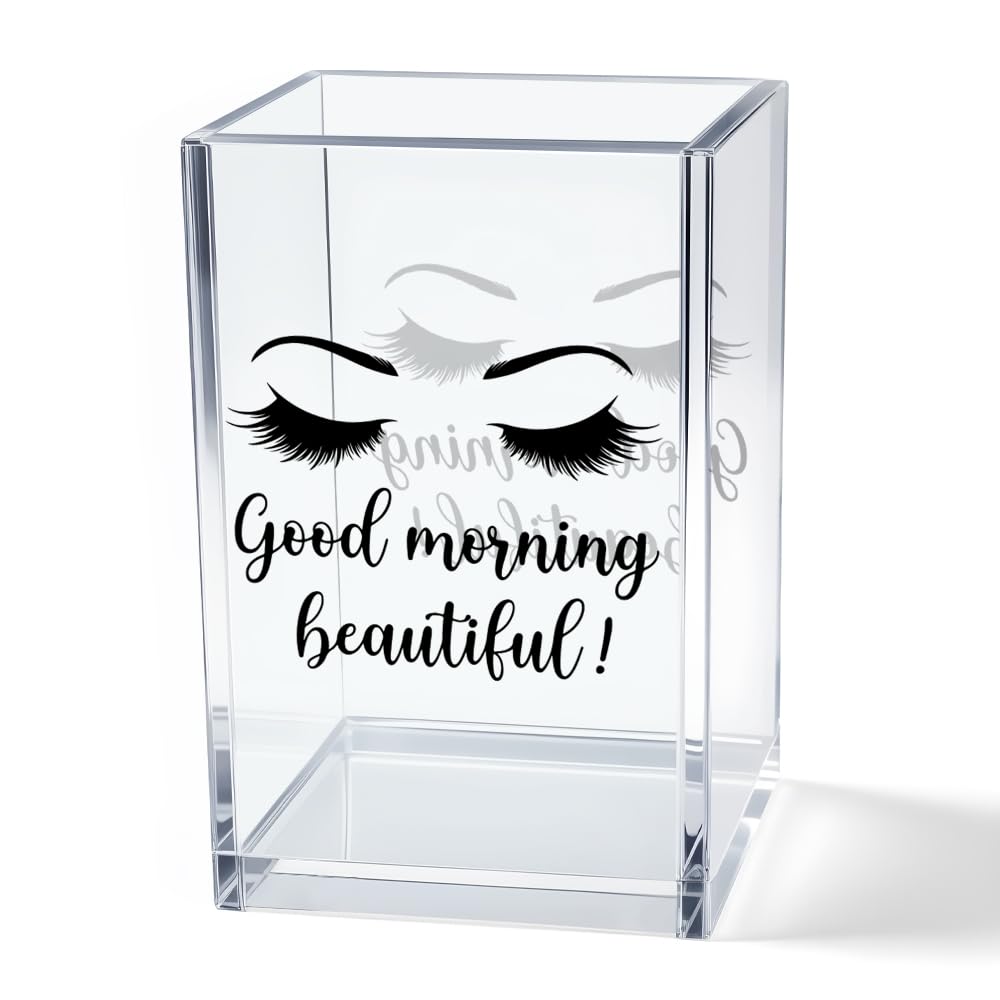 Hello Beautiful Acrylic Makeup Brush Organizer Holder, Positive Affirmation Desk Acrylic Brushes Storage, Make Up Artist Gifts, Morning Affirmation Gifts for Her Wife Sister Friend Makeup Lover