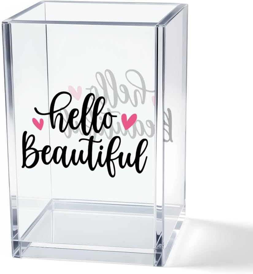 Hello Beautiful Acrylic Makeup Brush Organizer Holder, Positive Affirmation Desk Acrylic Brushes Storage, Make Up Artist Gifts, Morning Affirmation Gifts for Her Wife Sister Friend Makeup Lover