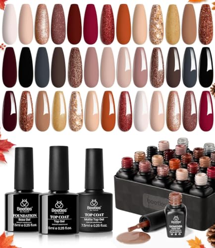 Beetles Fall Gel Nail Polish Set, 23Pcs Brown Burgundy Red Nude Pink