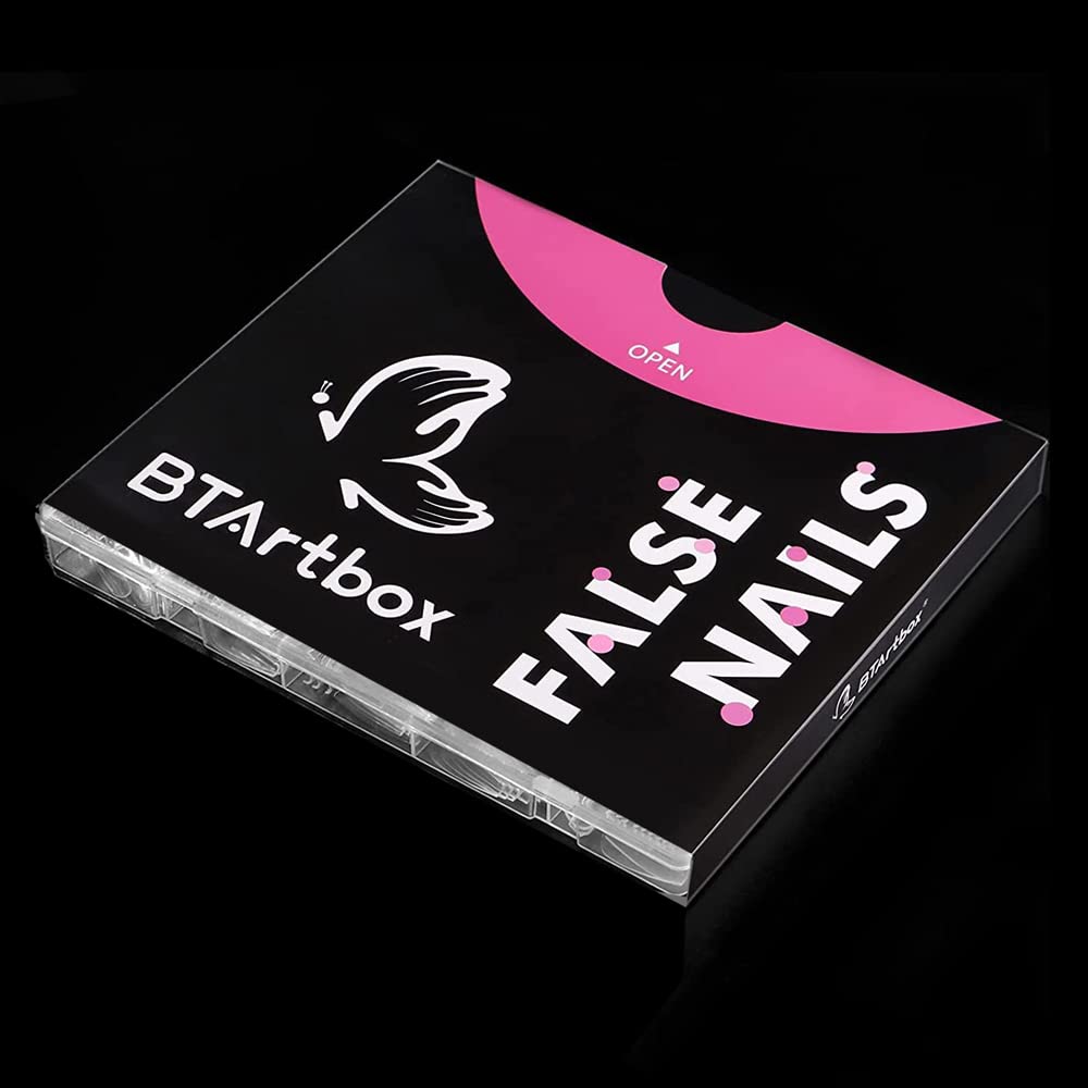 BTArtbox Half Cover Clear Fake Nails with Case, Long Square, 500 Pcs