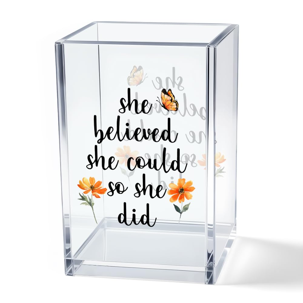 Never Let Anyone Dull Your Sparkle Acrylic Makeup Brush Organizer Holder, Girl Power Desk Acrylic Brushes Storage, Inspirational Quote Gifts for Women Friend Sister Make Up Artist Makeup Lover