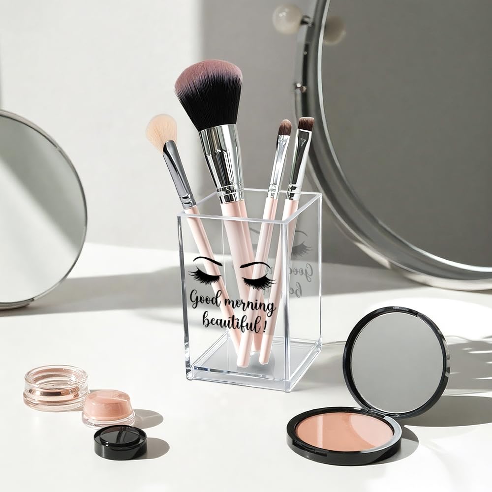 Hello Beautiful Acrylic Makeup Brush Organizer Holder, Positive Affirmation Desk Acrylic Brushes Storage, Make Up Artist Gifts, Morning Affirmation Gifts for Her Wife Sister Friend Makeup Lover