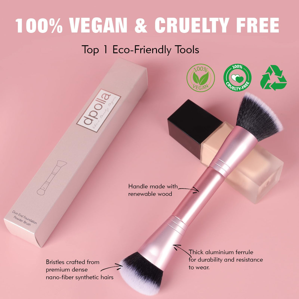 Dual-Ended Foundation Brush: Round & Angled makeup brushes, 100% Vegan Synthetic Makeup Brush for Flawless Blending and Application of Liquid, Powder, Cream, Blush