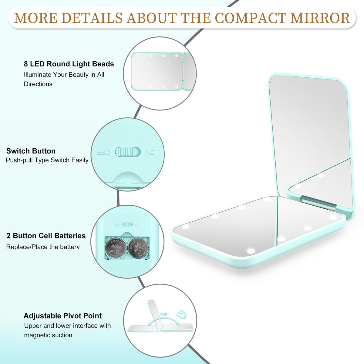 Compact Mirror with Light, 1X/3X Magnification LED Pocket Mirror for Women