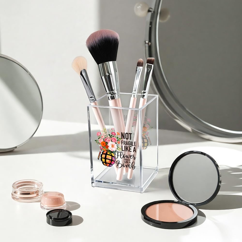Never Let Anyone Dull Your Sparkle Acrylic Makeup Brush Organizer Holder, Girl Power Desk Acrylic Brushes Storage, Inspirational Quote Gifts for Women Friend Sister Make Up Artist Makeup Lover