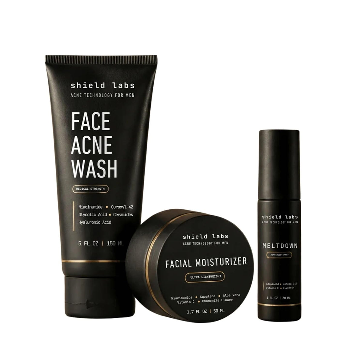Shield Face Acne System for Men and Boys, Easy 3-Step Clear Skin Kit with 4% Benzoyl Peroxide Face Wash, Adapinoid Spray and Manuka Honey Moisturizer, Clears Breakouts and Balances Oily Skin