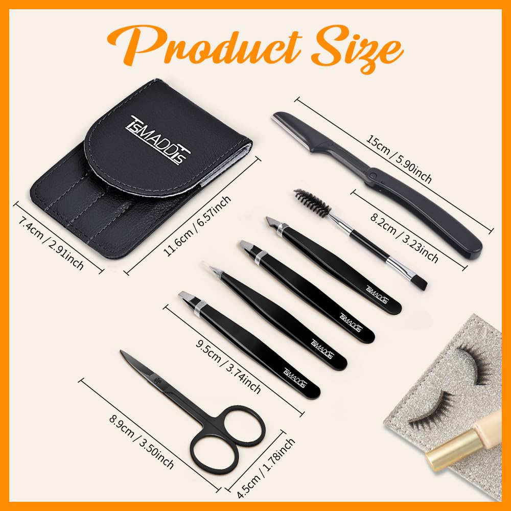 TsMADDTs 7 pcs Tweezers for Women Facial Hair, Precision Tweezer Set for Eyebrows with Curved Scissor and Eyebrow Razor for Ingrown Hair