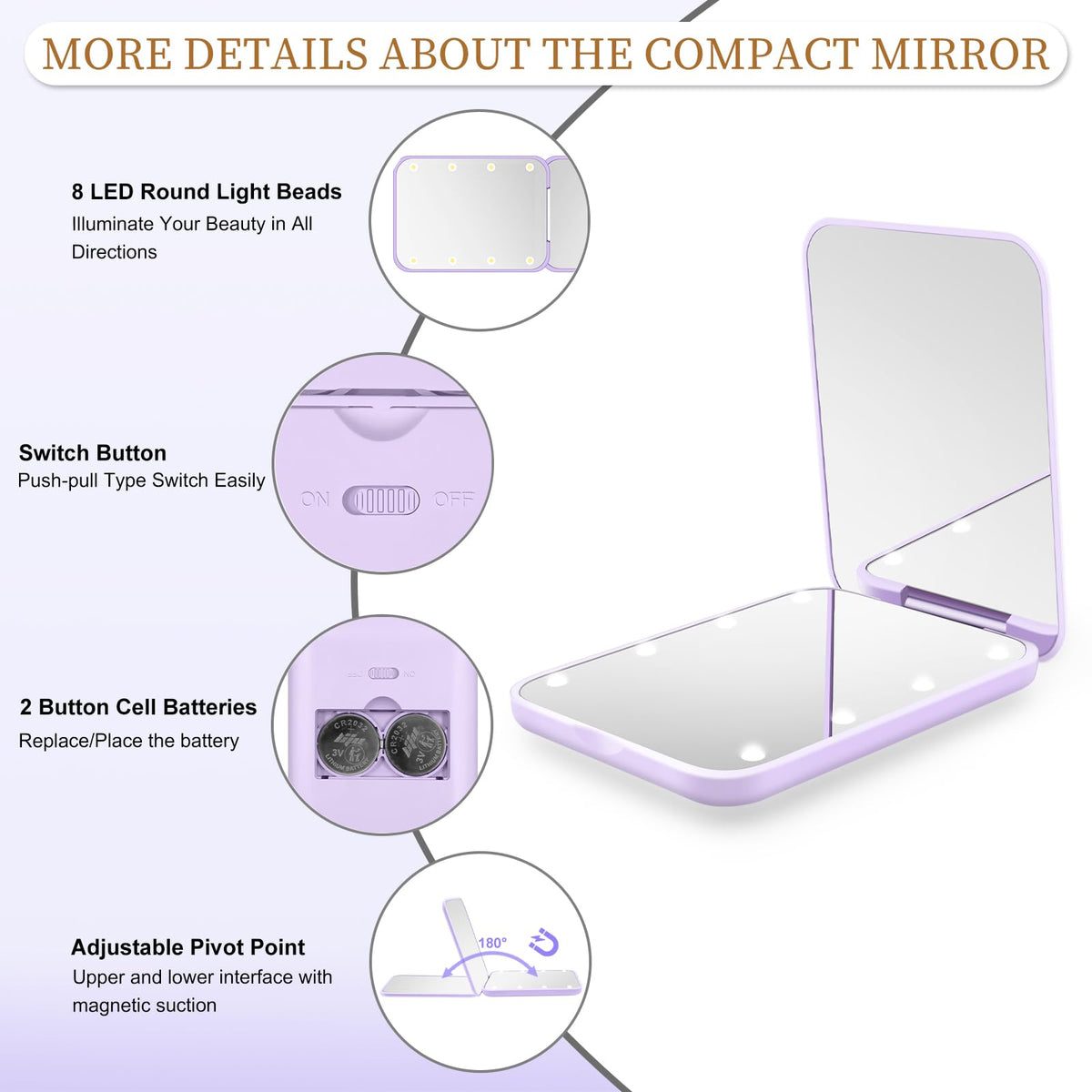 Compact Mirror with Light, 1X/3X Magnification LED Pocket Mirror for Women