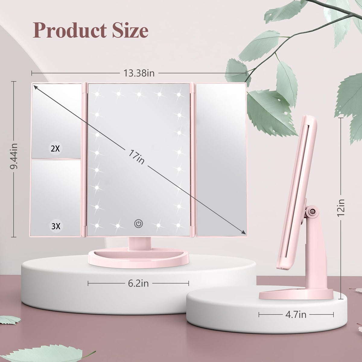 HUONUL 2X/3X/10X Magnifying Vanity Mirror with Light, Trifold Makeup Mirror