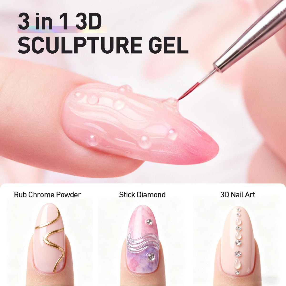 3D Sculpting Gel Kit – 2×20g Nail Art Gels with Dual Pens, Gold & Silver Chrome Powders, Brushes & Rhinestone Tray for DIY Nail Design at Home or Salon