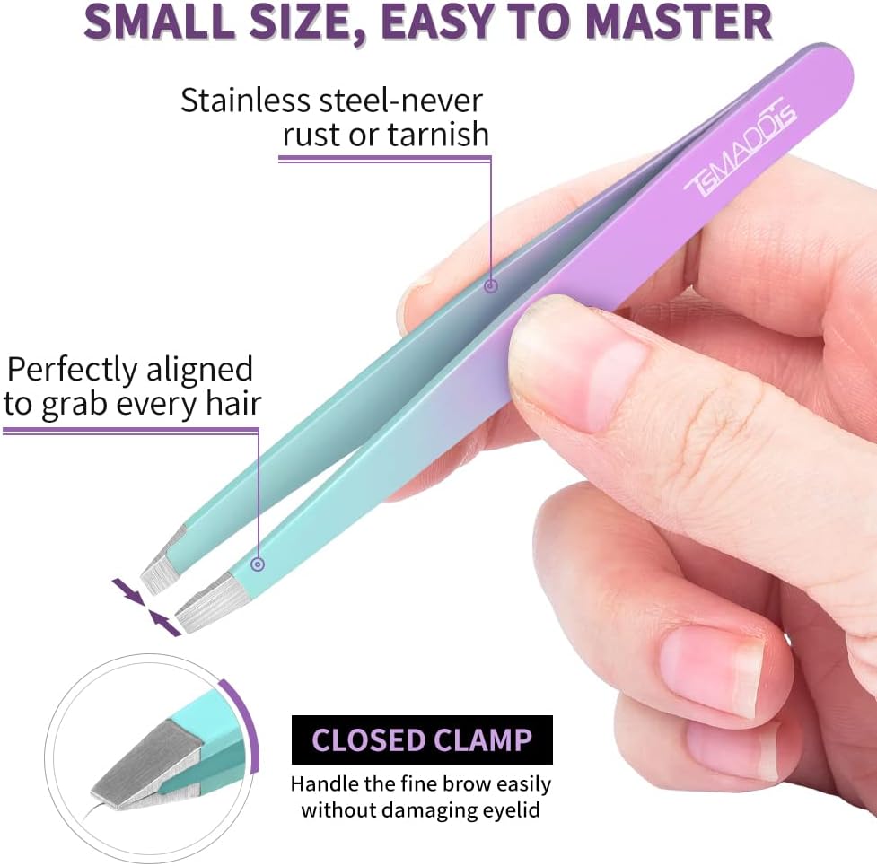 TsMADDTs 7 pcs Tweezers for Women Facial Hair, Precision Tweezer Set for Eyebrows with Curved Scissor and Eyebrow Razor for Ingrown Hair