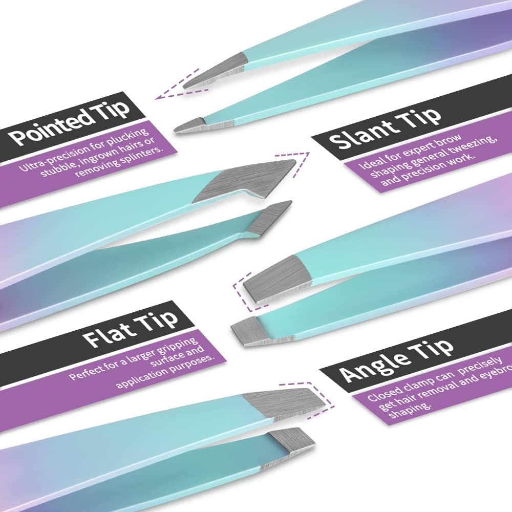 TsMADDTs 7 pcs Tweezers for Women Facial Hair, Precision Tweezer Set for Eyebrows with Curved Scissor and Eyebrow Razor for Ingrown Hair