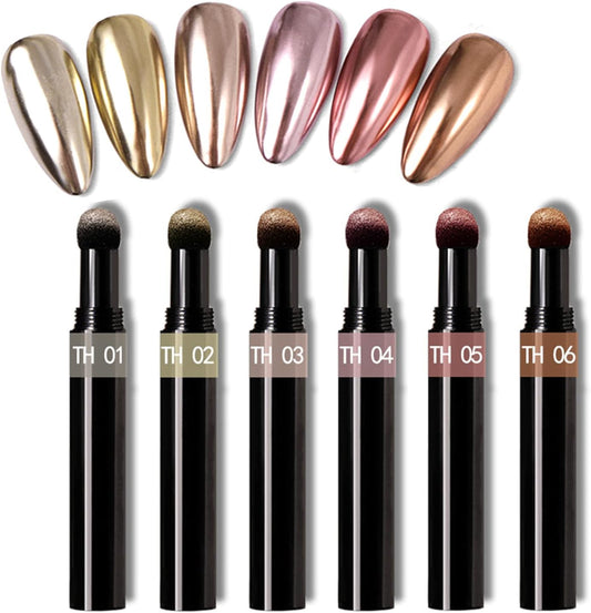 Rose Gold Chrome Nail Powder Pen,RoseFlower 6 pcs Metallic Nail Art Pigment Powder Pen Set, Shiny Nail Glitter Powder Air Cushion Pen with Magic Mirror Effect for Nail Art Design Decoration