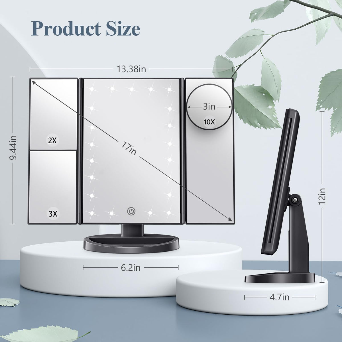 HUONUL 2X/3X/10X Magnifying Vanity Mirror with Light, Trifold Makeup Mirror