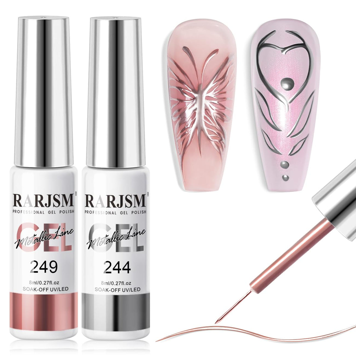 RARJSM Metallic Gel Liner Nail Art Silver Bronze Gold 2pcs Set Mirror Chrome 3D Effect Gel Nail Polish 8ml Build in Thin Brush Metal Painted Drawing Stripper Gelpolish Curing Requires for Home Salon