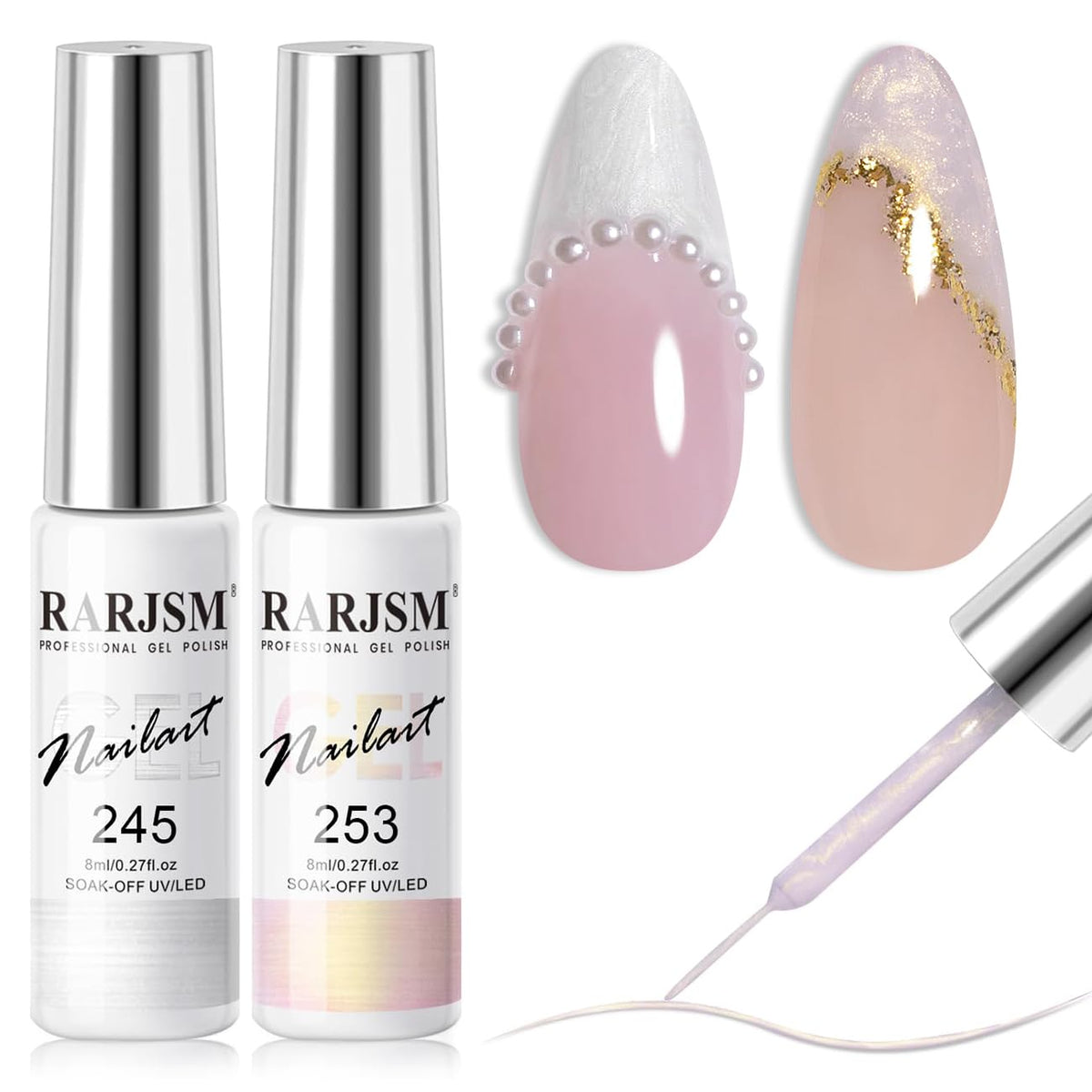 RARJSM Metallic Gel Liner Nail Art Silver Bronze Gold 2pcs Set Mirror Chrome 3D Effect Gel Nail Polish 8ml Build in Thin Brush Metal Painted Drawing Stripper Gelpolish Curing Requires for Home Salon