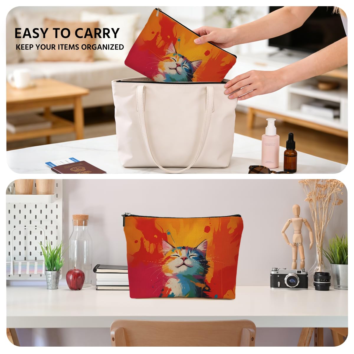 JIUWEIHU Goth Cat Makeup Bag, Funny Cat Cosmetic Bags Travel Organizer Bag