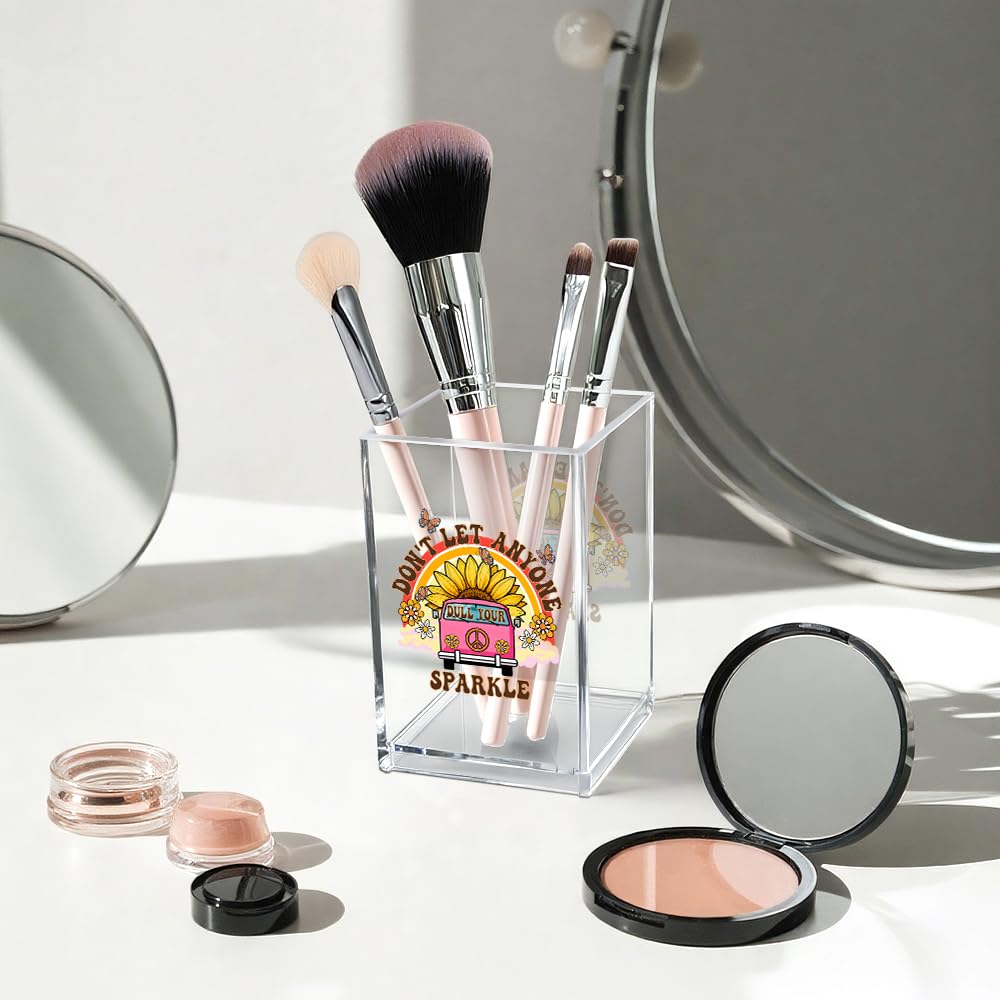 Never Let Anyone Dull Your Sparkle Acrylic Makeup Brush Organizer Holder, Girl Power Desk Acrylic Brushes Storage, Inspirational Quote Gifts for Women Friend Sister Make Up Artist Makeup Lover