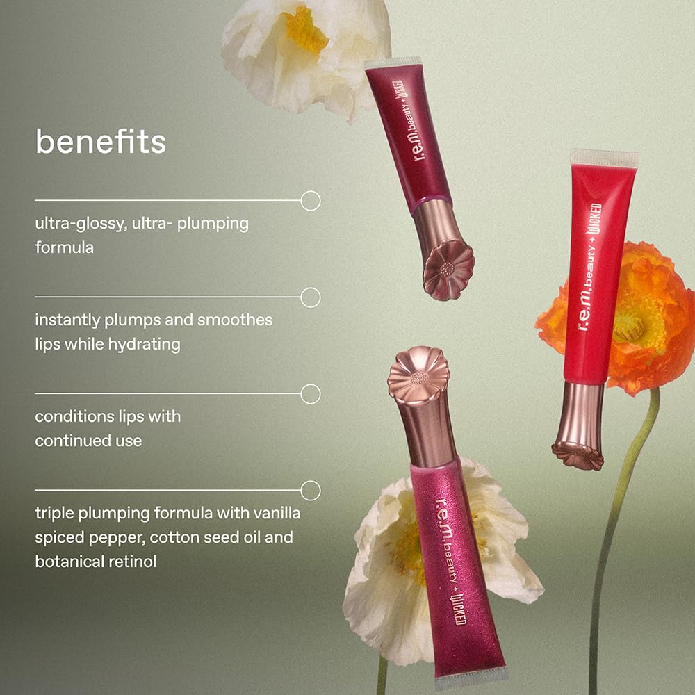 r.e.m. beauty Wicked: For Good | Poppy Plumping Lip Gloss | Instant Plumping Effect for Hydrated, Softer and Smoother Lips | Silky, Non-Sticky Feel | 0.34 Fl Oz