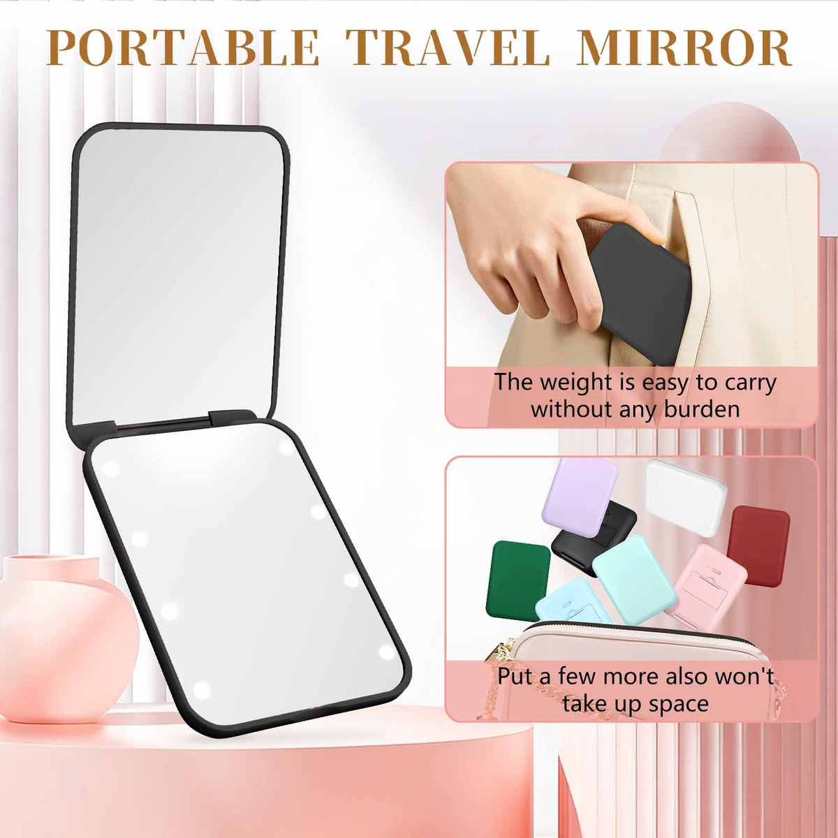 Compact Mirror with Light, 1X/3X Magnification LED Pocket Mirror for Women
