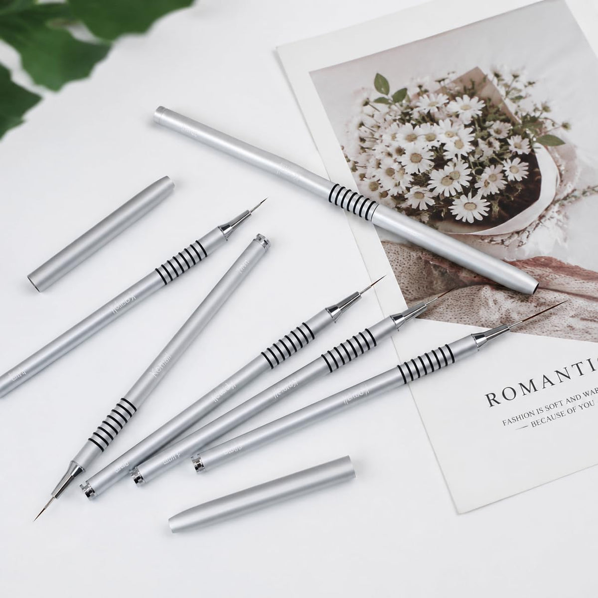 Komall Metallic Nail Art Brushes, 6Pcs Non-slip Liner Brushes Set, Silver