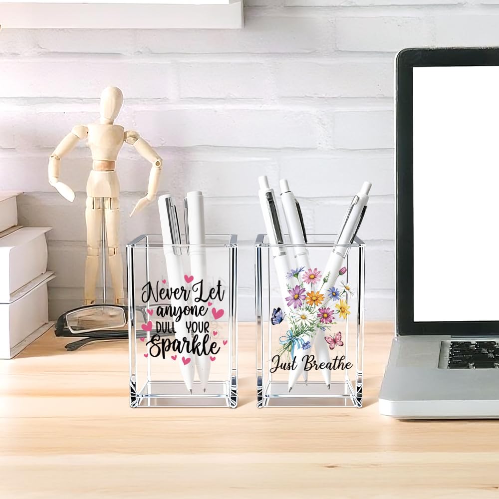 Never Let Anyone Dull Your Sparkle Acrylic Makeup Brush Organizer Holder, Girl Power Desk Acrylic Brushes Storage, Inspirational Quote Gifts for Women Friend Sister Make Up Artist Makeup Lover
