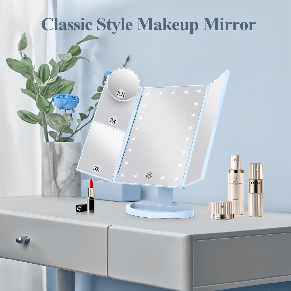 HUONUL 2X/3X/10X Magnifying Vanity Mirror with Light, Trifold Makeup Mirror