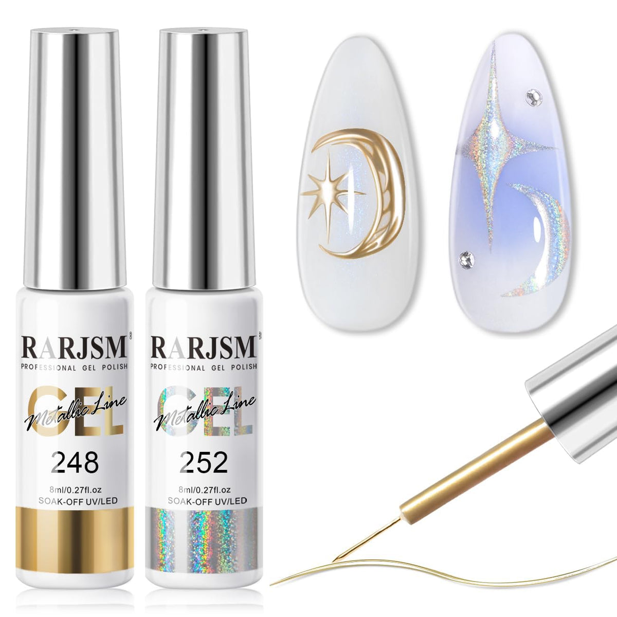 RARJSM Metallic Gel Liner Nail Art Silver Bronze Gold 2pcs Set Mirror Chrome 3D Effect Gel Nail Polish 8ml Build in Thin Brush Metal Painted Drawing Stripper Gelpolish Curing Requires for Home Salon