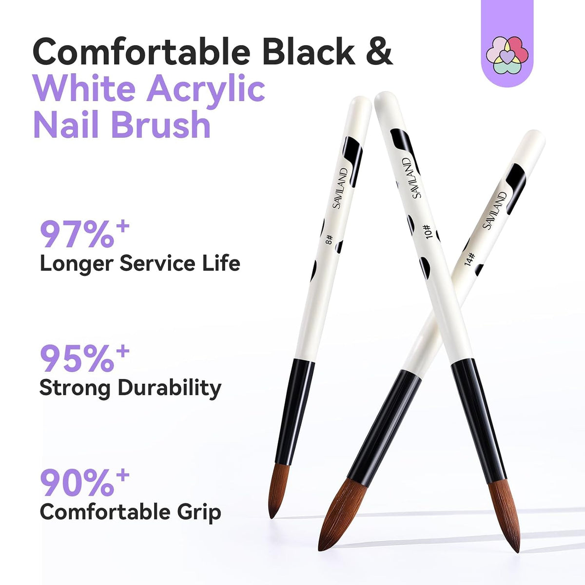 SAVILAND 3PCS Acrylic Nail Brush Set Size 8/10/14 Black & White