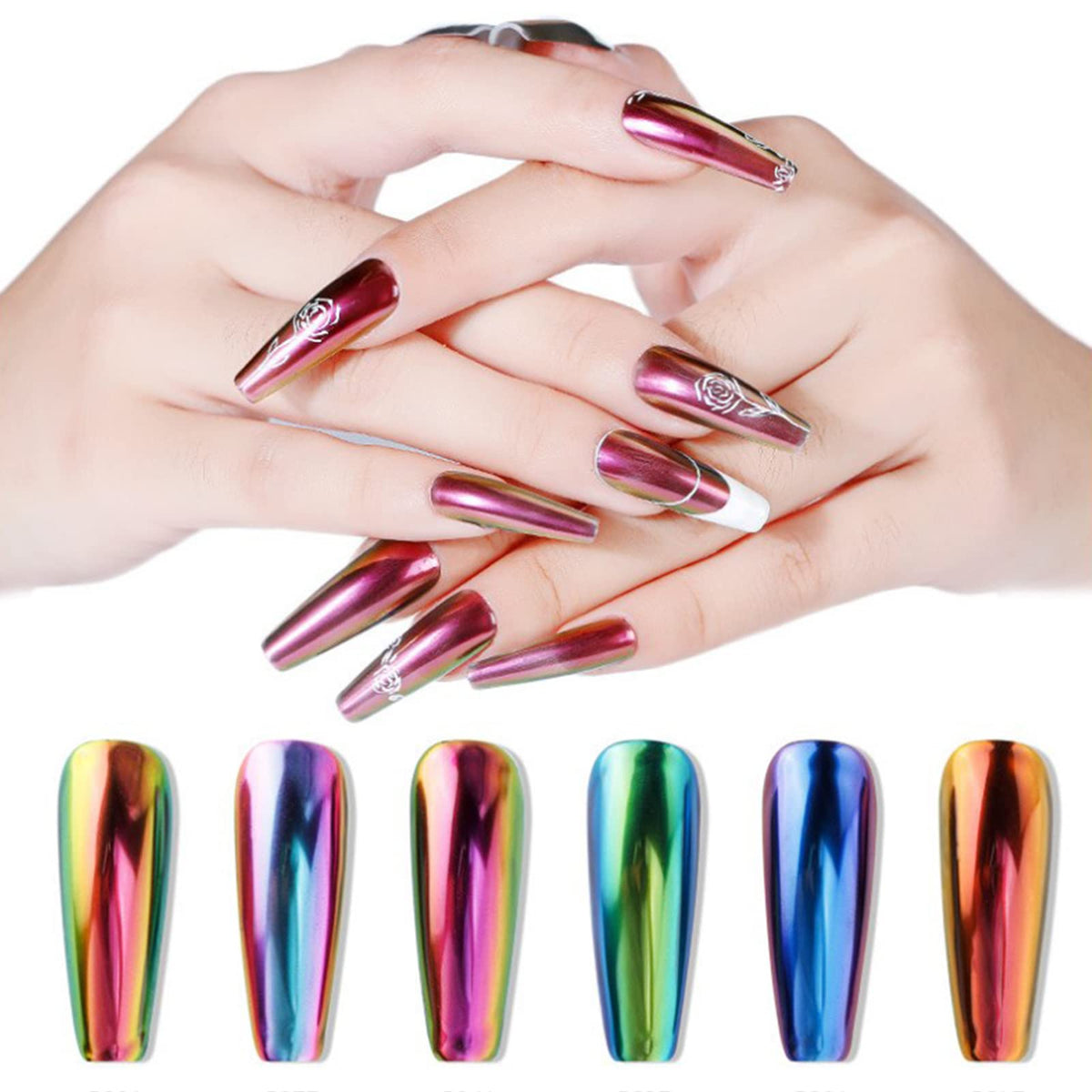 Rose Gold Chrome Nail Powder Pen,RoseFlower 6 pcs Metallic Nail Art Pigment Powder Pen Set, Shiny Nail Glitter Powder Air Cushion Pen with Magic Mirror Effect for Nail Art Design Decoration
