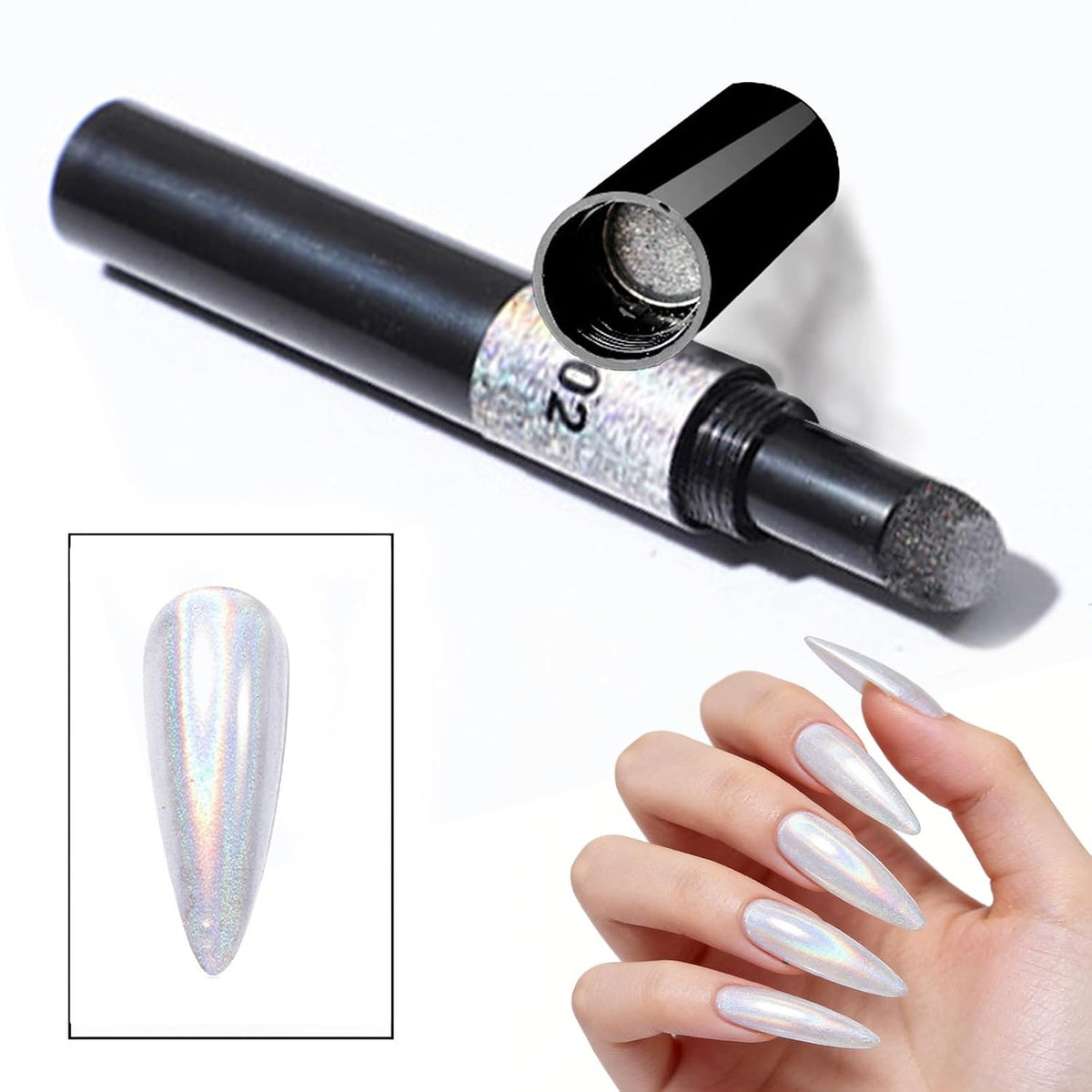 Air Cushion Chrome Powder Nail Pen Set (2 PCS) - Holographic Laser Mirror Effect Chrome Nail Pens, Magic Powder Applicator for Nails for DIY Nail Art & Salon Use
