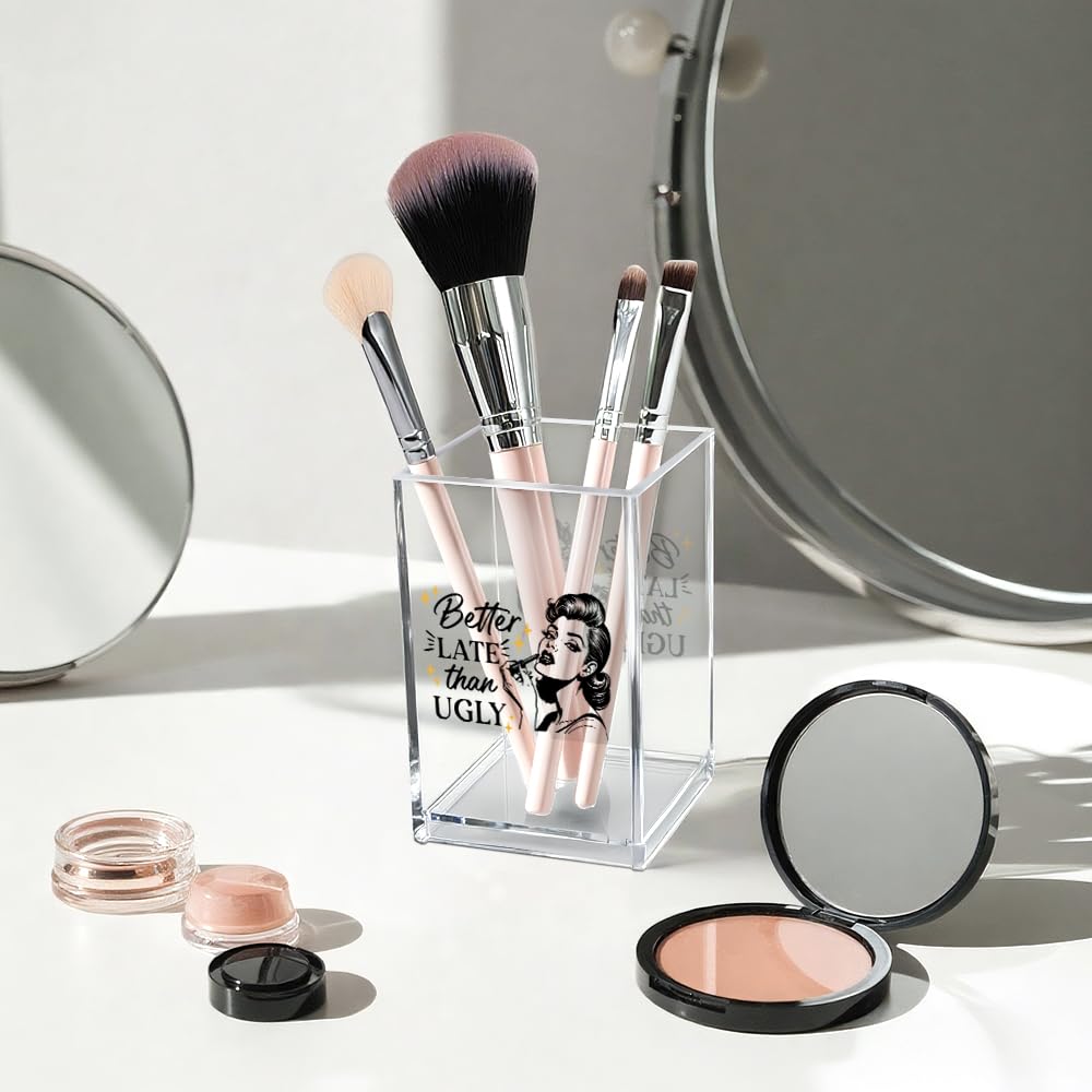 Hello Beautiful Acrylic Makeup Brush Organizer Holder, Positive Affirmation Desk Acrylic Brushes Storage, Make Up Artist Gifts, Morning Affirmation Gifts for Her Wife Sister Friend Makeup Lover