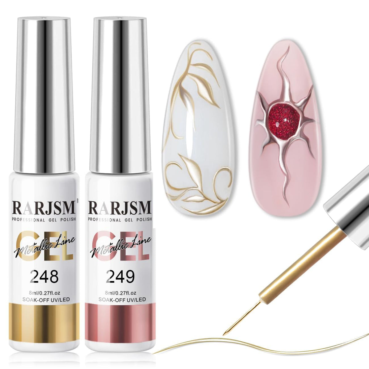 RARJSM Metallic Gel Liner Nail Art Silver Bronze Gold 2pcs Set Mirror Chrome 3D Effect Gel Nail Polish 8ml Build in Thin Brush Metal Painted Drawing Stripper Gelpolish Curing Requires for Home Salon