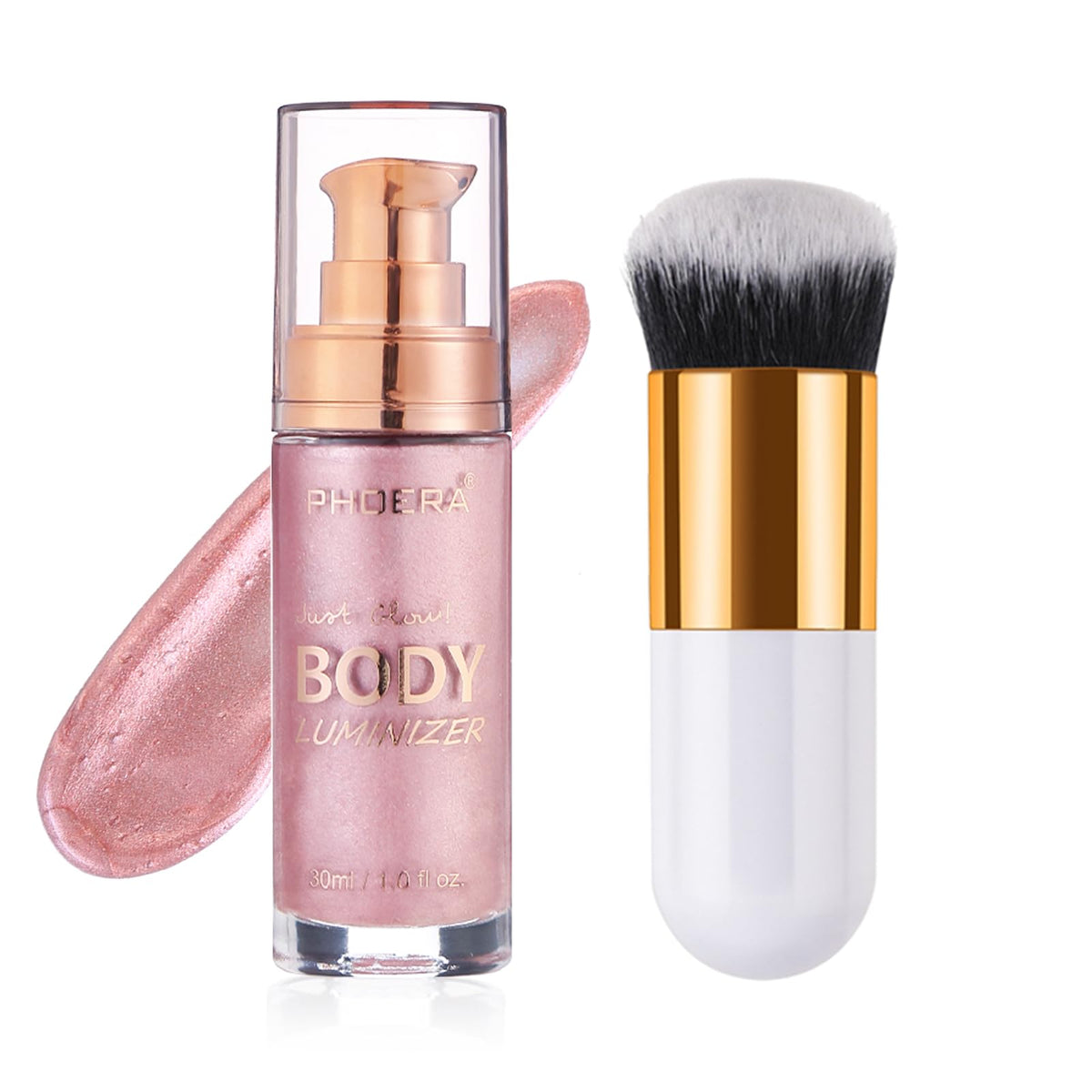 Body Shimmer Oil, Rose Gold Natural Glow Luminizer, Brush Include, 1oz