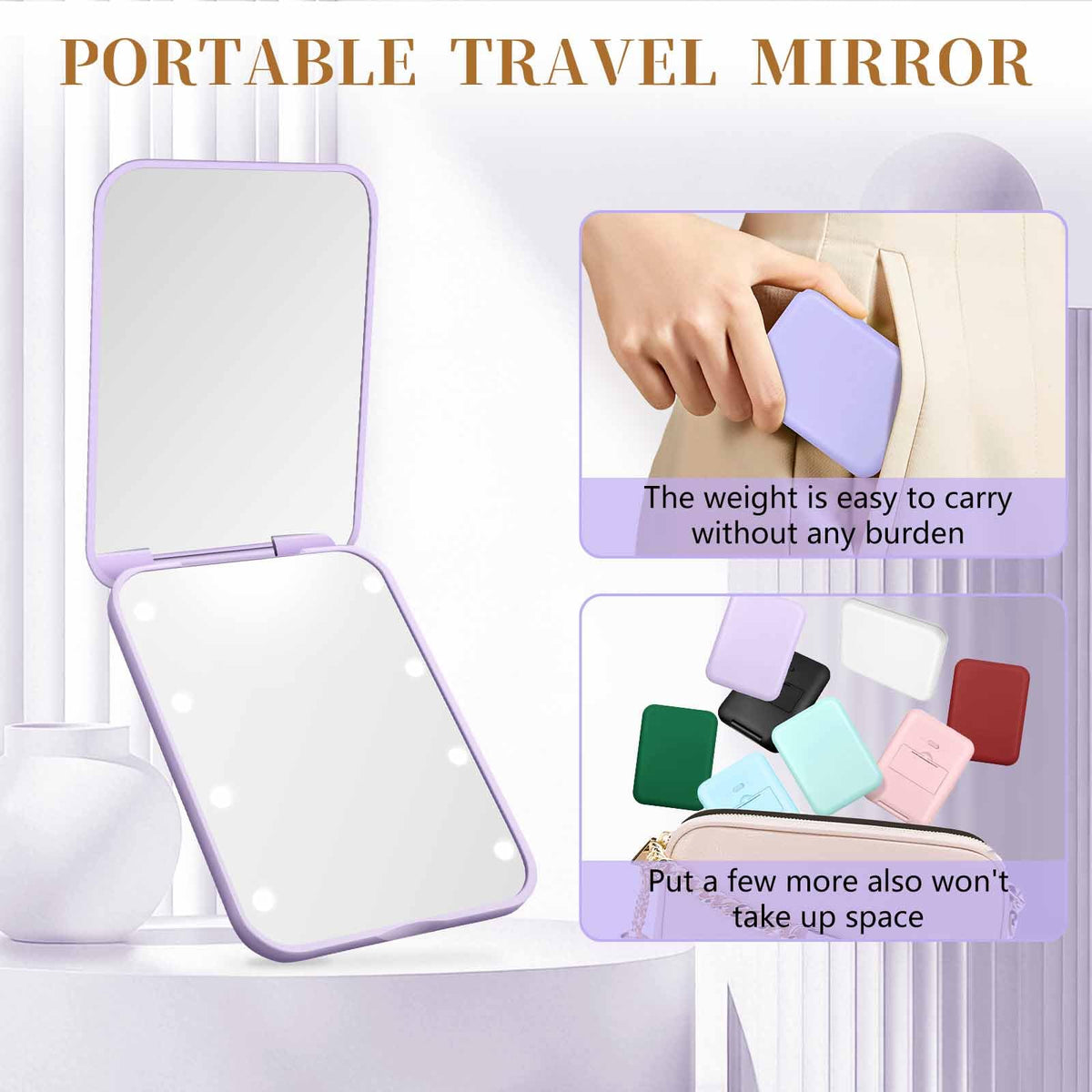 Compact Mirror with Light, 1X/3X Magnification LED Pocket Mirror for Women
