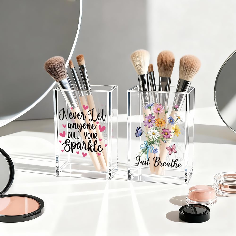 Never Let Anyone Dull Your Sparkle Acrylic Makeup Brush Organizer Holder, Girl Power Desk Acrylic Brushes Storage, Inspirational Quote Gifts for Women Friend Sister Make Up Artist Makeup Lover