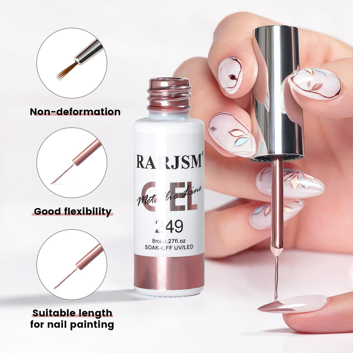RARJSM Metallic Gel Liner Nail Art Silver Bronze Gold 2pcs Set Mirror Chrome 3D Effect Gel Nail Polish 8ml Build in Thin Brush Metal Painted Drawing Stripper Gelpolish Curing Requires for Home Salon