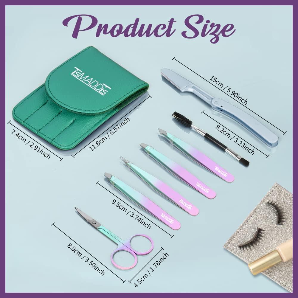 TsMADDTs 7 pcs Tweezers for Women Facial Hair, Precision Tweezer Set for Eyebrows with Curved Scissor and Eyebrow Razor for Ingrown Hair