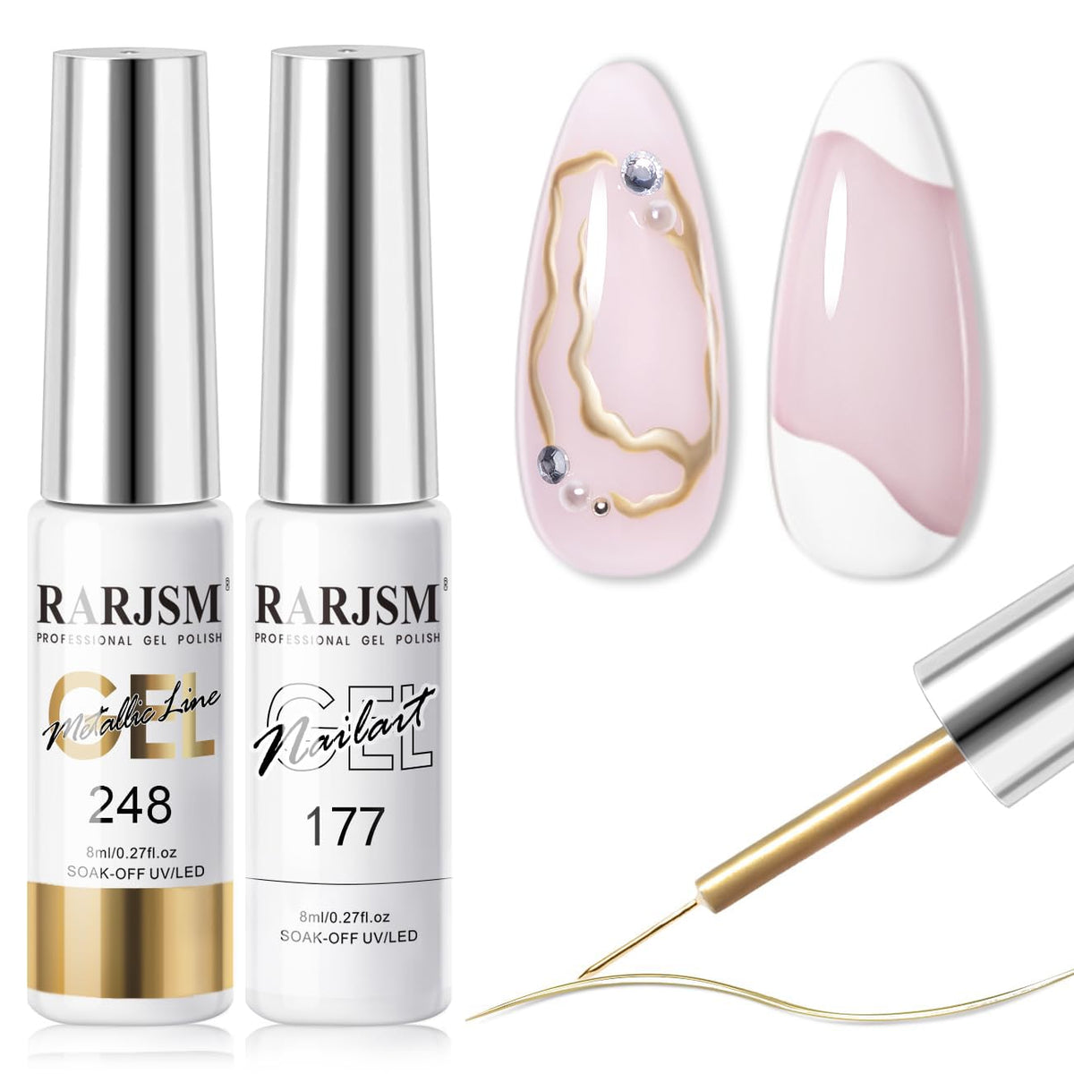 RARJSM Metallic Gel Liner Nail Art Silver Bronze Gold 2pcs Set Mirror Chrome 3D Effect Gel Nail Polish 8ml Build in Thin Brush Metal Painted Drawing Stripper Gelpolish Curing Requires for Home Salon