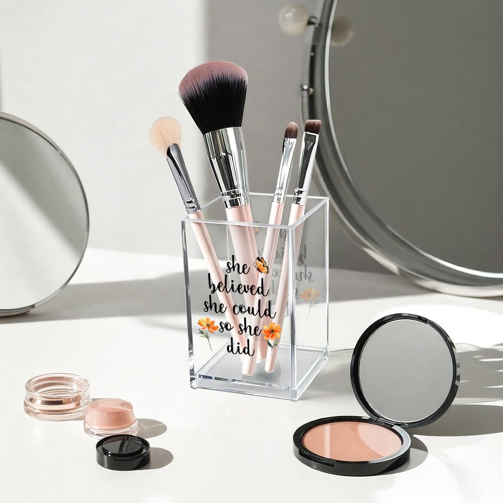 Never Let Anyone Dull Your Sparkle Acrylic Makeup Brush Organizer Holder, Girl Power Desk Acrylic Brushes Storage, Inspirational Quote Gifts for Women Friend Sister Make Up Artist Makeup Lover