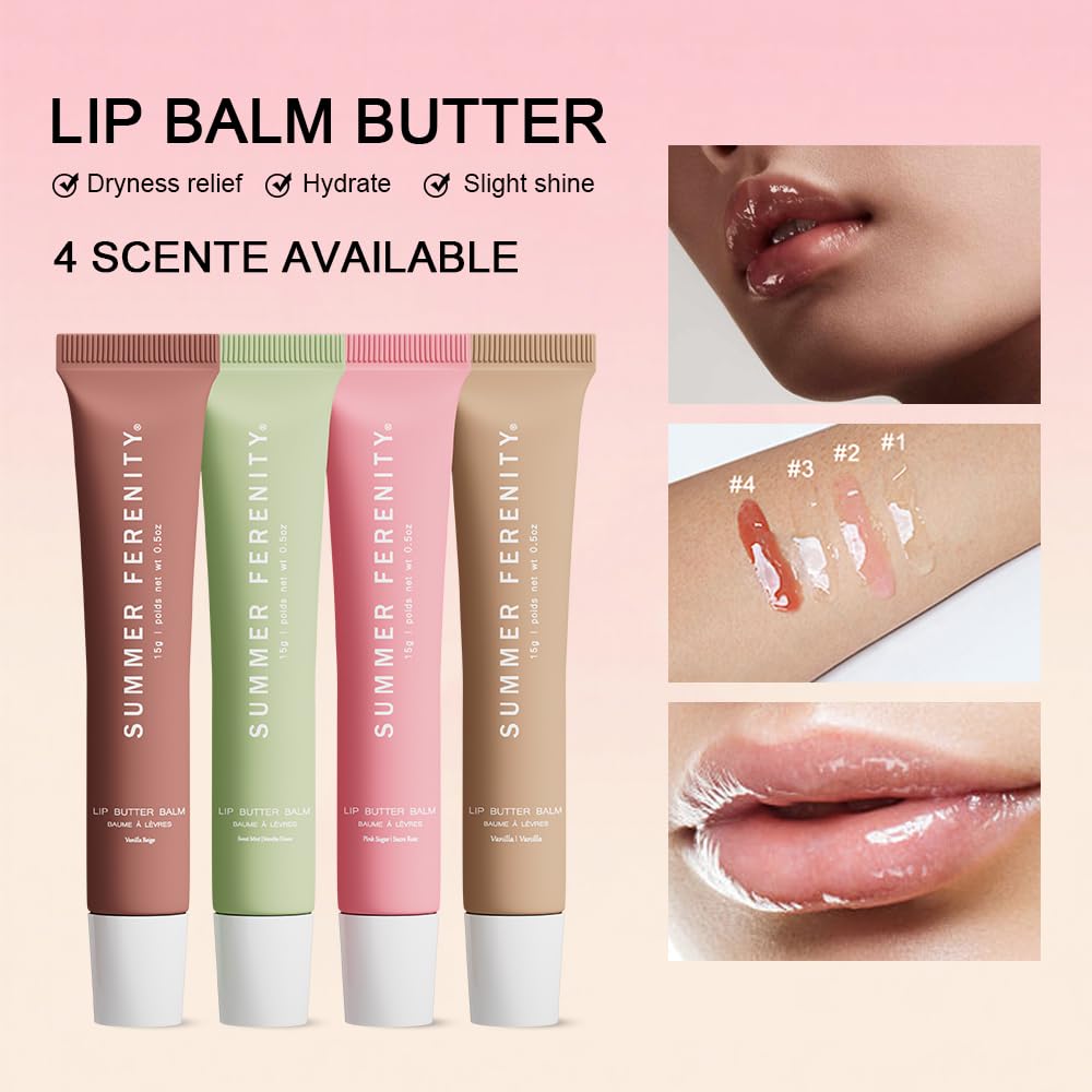 4 PCS Summer Lip Balm Tinted Lip Butter Balm - Conditioning Lip Mask,Ultra-Hydrating,Instant Moisture, Shine,Hydration - Sheer-Tinted,Soothing Lip Care - 0.5 Fl Oz (Pack of 4)